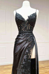 Country Wedding, Black Long Appliques Prom Dress with Spaghetti Straps,Vintage Formal Dresses