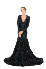 Party Dress Black, Mermaid Long Sequined Bling Full Sleeves Floral Skirt Prom Dresses