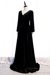 Evening Dress Vintage, Black Mermaid V Neck Long Sleeves Lace-Up Velvet Maxi Formal Dress