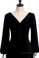 Evening Dress Sleeve, Black Mermaid V Neck Long Sleeves Lace-Up Velvet Maxi Formal Dress
