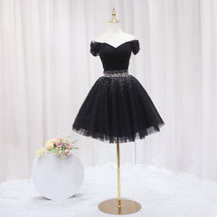 Prom Dresses Styles, Black Off Shoulder Beaded Tulle Short Prom Dress, Black Homecoming Dress Formal Dress