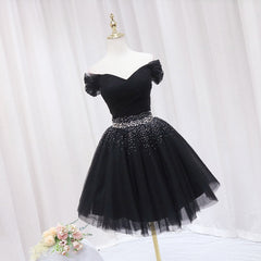 Prom Dresses On Sale, Black Off Shoulder Beaded Tulle Short Prom Dress, Black Homecoming Dress Formal Dress