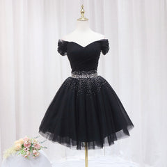 Prom Dress 2030, Black Off Shoulder Beaded Tulle Short Prom Dress, Black Homecoming Dress Formal Dress