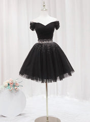 Prom Dresses Elegant, Black Off Shoulder Beaded Tulle Short Prom Dress, Black Homecoming Dress Formal Dress