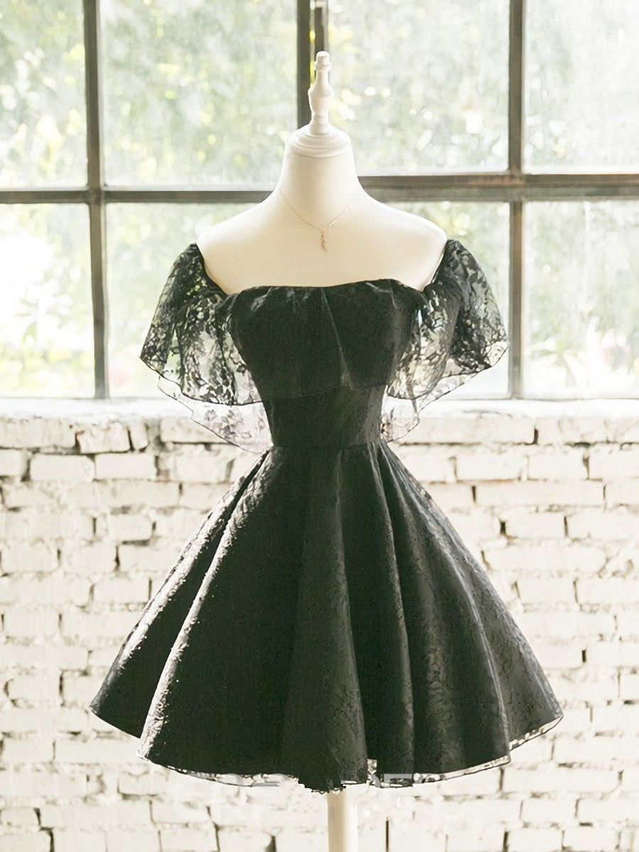Prom Dress Black Girl, Black Off Shoulder Lace Sweetheart Lovely Short Homecoming Dress, Black Party Dress