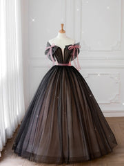 Prom Dresses Websites, Black off shoulder tulle long prom dress, black tulle formal dress