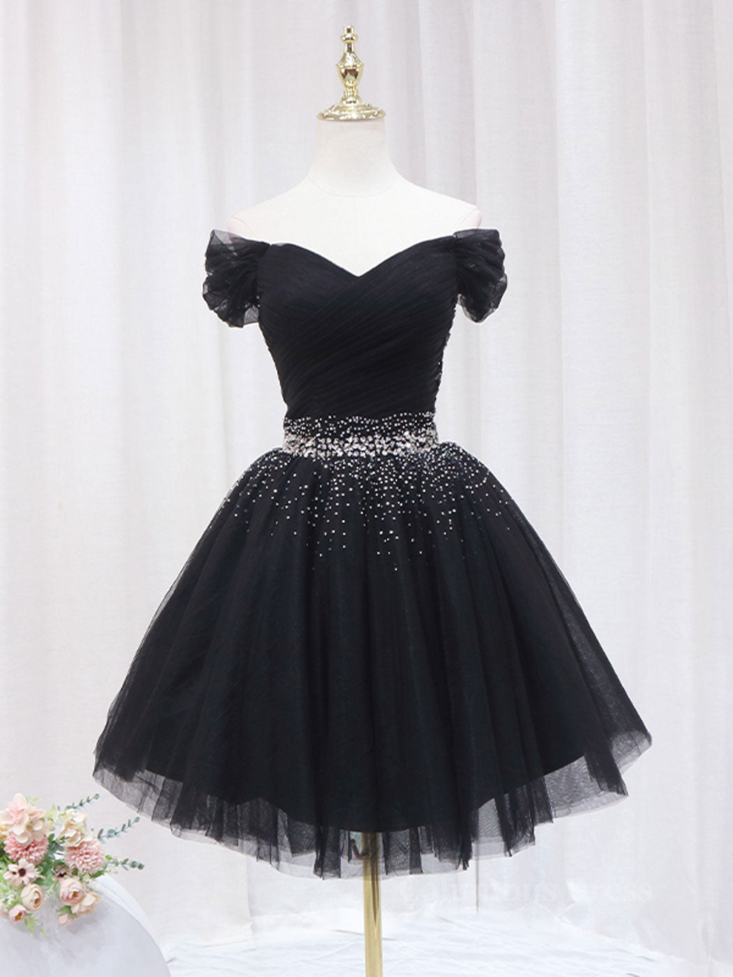 Prom Dresses 2025 Long Sleeve, Black Off Shoulder Tulle Sequin Short Prom Dress, Black Homecoming Dresses