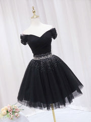 Prom Dresses Blue Lace, Black Off Shoulder Tulle Sequin Short Prom Dress, Black Homecoming Dresses