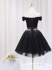 Prom Dress Blue Lace, Black Off Shoulder Tulle Sequin Short Prom Dress, Black Homecoming Dresses