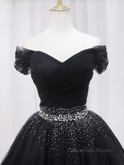 Prom Dresses Light Blue, Black Off Shoulder Tulle Sequin Short Prom Dress, Black Homecoming Dresses