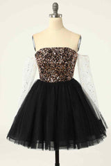Dress Prom, Black Off-the-Shoulder A-line Long Sleeves Sequins Mini Homecoming Dress