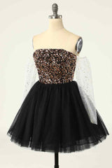 Black Lace Dress, Black Off-the-Shoulder A-line Long Sleeves Sequins Mini Homecoming Dress