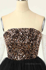 Classy Outfit Women, Black Off-the-Shoulder A-line Long Sleeves Sequins Mini Homecoming Dress
