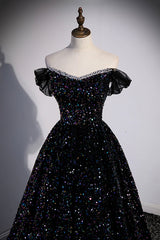 Party Dress Purple, Black Off the Shoulder Beaded Long Formal Dress, Black Shiny Sequins Evening Dress