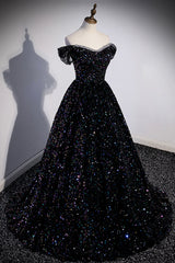 Classy Outfit, Black Off the Shoulder Beaded Long Formal Dress, Black Shiny Sequins Evening Dress