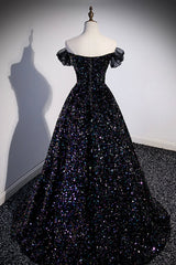 Club Outfit, Black Off the Shoulder Beaded Long Formal Dress, Black Shiny Sequins Evening Dress