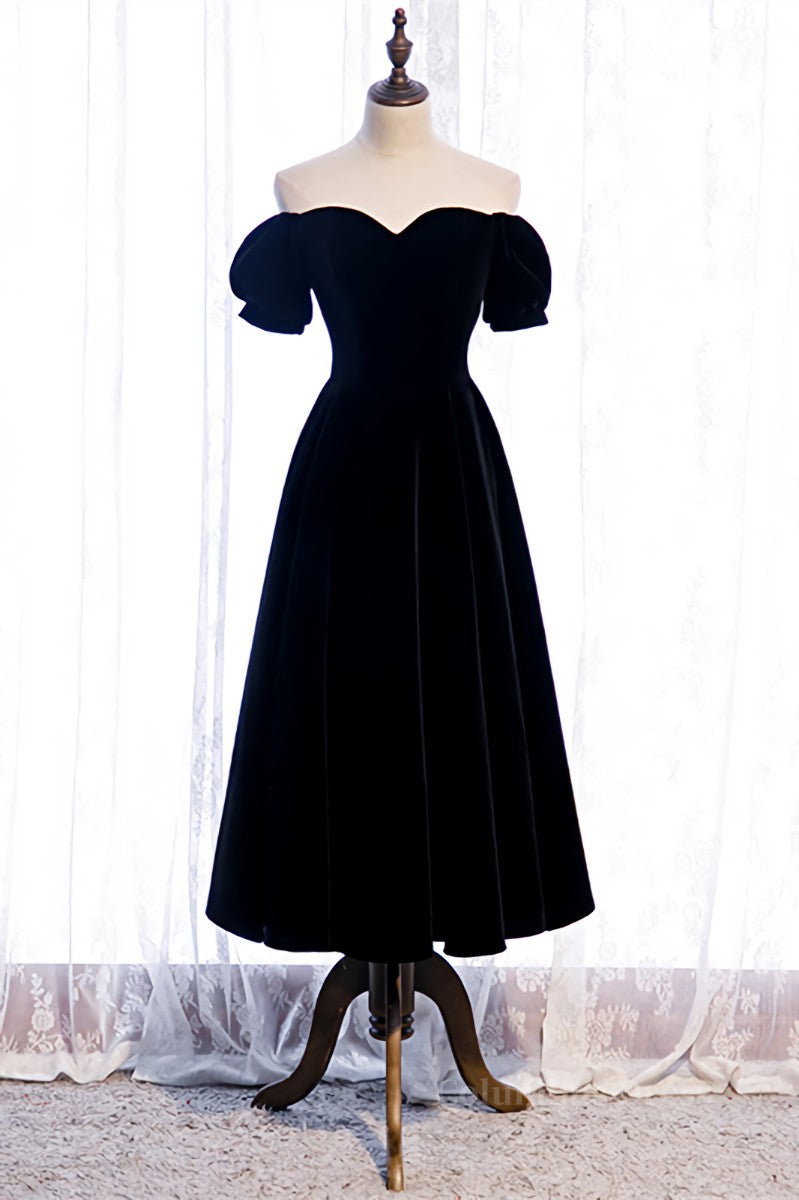 Evening Dresses Black, Black Off-the-Shoulder Puff Sleeves Sweetheart Velvet Midi Formal Dress