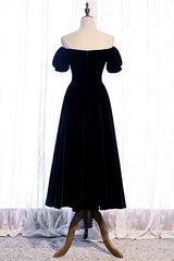 Evening Dresses Prom, Black Off-the-Shoulder Puff Sleeves Sweetheart Velvet Midi Formal Dress