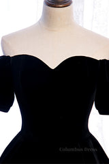 Evening Dresses And Gowns, Black Off-the-Shoulder Puff Sleeves Sweetheart Velvet Midi Formal Dress