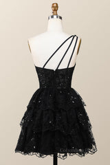 Formal Dresses Websites, Black One Shoulder Ruffles Short A-line Dress