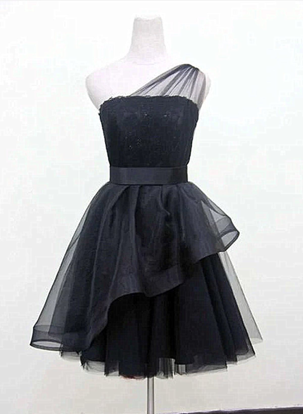 Bridesmaid Dresses 2031, Black One Shoulder Tulle Short Formal Dress, Black Homecoming Dress