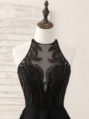 Party Outfit Night, Black Round Neck Lace Beads Short Prom Dress, Black Homecoming Dress
