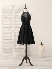 Lace Dress, Black Round Neck Lace Beads Short Prom Dress, Black Homecoming Dress