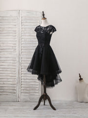Prom Dress Two Piece, Black Round Neck Tulle Lace Applique Short Prom Dress, Black Homecoming Dress
