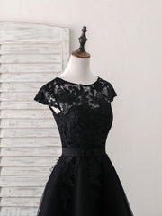 Prom Dresses Two Pieces, Black Round Neck Tulle Lace Applique Short Prom Dress, Black Homecoming Dress
