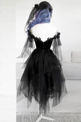 Trendy Dress Outfit, BLACK ROUND NECK TULLE LACE SHORT PROM DRESS BLACK EVENING DRESS