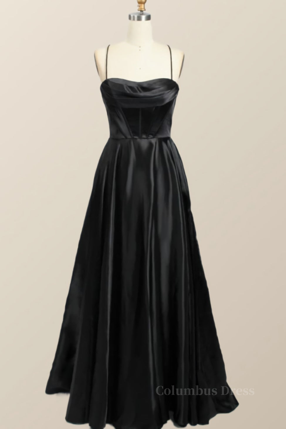 Prom Dresses Colorful, Black Satin A-line Cowl Neck Long Formal Dress