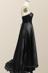 Prom Dress Color, Black Satin A-line Cowl Neck Long Formal Dress