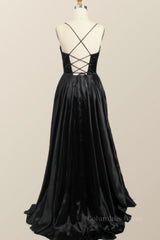 Prom Dresses Colors, Black Satin A-line Cowl Neck Long Formal Dress