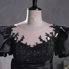 Bridesmaids Dresses Modest, Black Satin A-line Floor Length Long Party Dress with Lace, Black Long Formal Dress