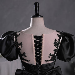Bridesmaid Dresses Mauve, Black Satin A-line Floor Length Long Party Dress with Lace, Black Long Formal Dress