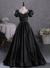 Bridesmaid Dress Modest, Black Satin A-line Floor Length Long Party Dress with Lace, Black Long Formal Dress