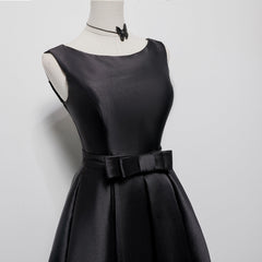 Party Dresses Ladies, Black Satin Knee Length Round Neckline Party Dress, Black Short Prom Dress