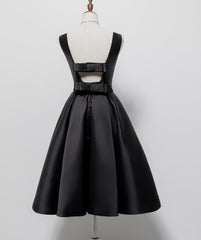 Party Dress Websites, Black Satin Knee Length Round Neckline Party Dress, Black Short Prom Dress