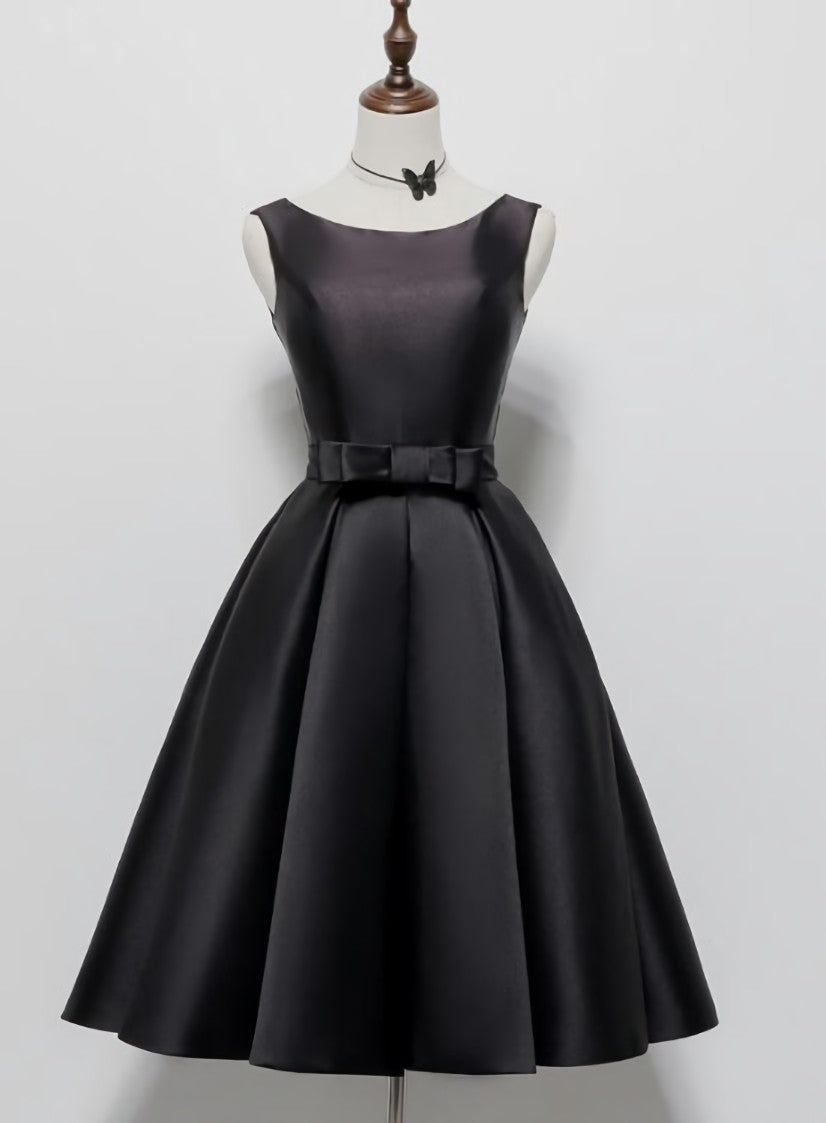 Party Dress Trends, Black Satin Knee Length Round Neckline Party Dress, Black Short Prom Dress