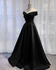 Prom Gown, Black Satin Off Shoulder Long Simple Evening Dress Formal Dresses,Stunning Party Gown