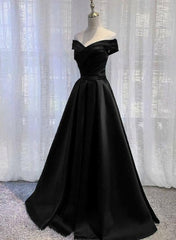 Bridal Dress, Black Satin Off Shoulder Long Simple Evening Dress Formal Dresses,Stunning Party Gown