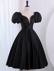 Bridesmaid Dresses Near Me, Black Satin Short Sleeves Knee Length Party Dress, Black Homecoming Dress