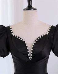 Bridesmaid Dress Colours, Black Satin Short Sleeves Knee Length Party Dress, Black Homecoming Dress