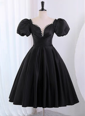 Bridesmaids Dressing Gowns, Black Satin Short Sleeves Knee Length Party Dress, Black Homecoming Dress