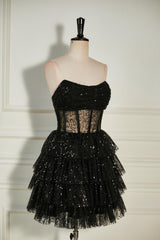 Bridesmaid Dress Color Palette, Black Sequined Strapless Multi-Layers Tulle Cocktail Dress