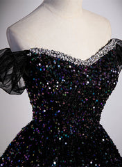 Party Dresses Teen, Black Sequins Off Shoulder Beaded Party Dress, A-line Black Formal Dress