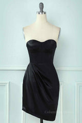 Formal Dress Online, Black Sheath Strapless Sweetheart Pleated Leather Mini Homecoming Dress