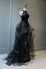 Bridesmaid Dresses Mismatched Spring Wedding Colors, Black Shiny Tulle Long Party Dress with Beaded, Black Evening Dress