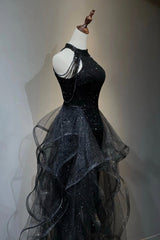 Bridesmaid Dress Long Sleeves, Black Shiny Tulle Long Party Dress with Beaded, Black Evening Dress