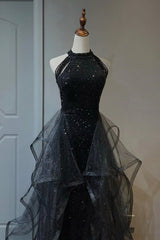 Bridesmaid Dresses Mismatched Spring Colors, Black Shiny Tulle Long Party Dress with Beaded, Black Evening Dress